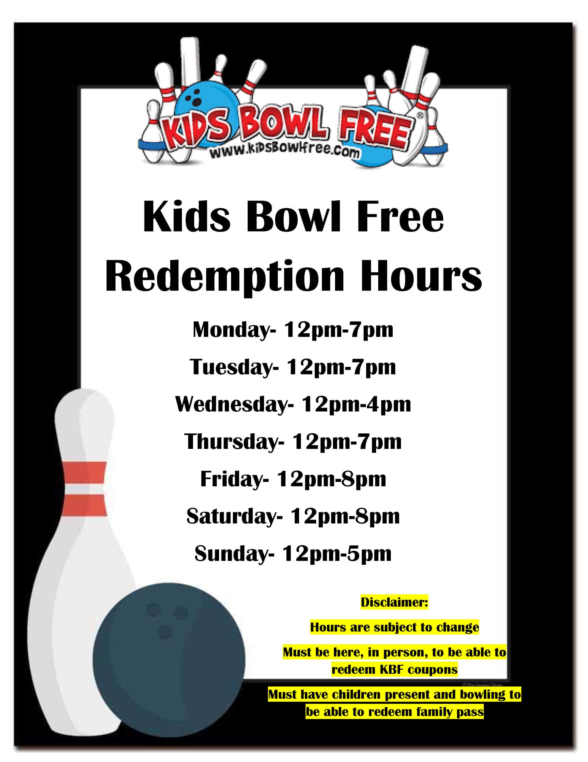 kids bowl free redemption hours